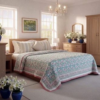 Pink Teal Floral Double Size Jaipuri Razai (Quilt) 90x108 Inches