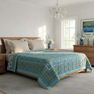 Aqua Green Floral Double Size Jaipuri Razai (Quilt) 90x108 Inches