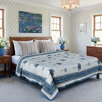 Blue Palm Tree Double Size Jaipuri Razai (Quilt) 90x108 Inches