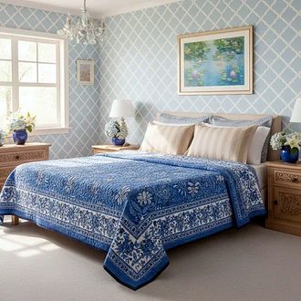 Blue Floral King Size Jaipuri Razai (Quilt) 108x108 Inches