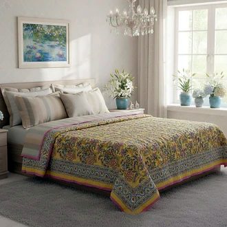 Lime Yellow Floral King Size Jaipuri Razai (Quilt) 108x108 Inches