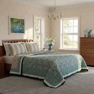 Green Pink Floral King Size Jaipuri Razai (Quilt) 108x108 Inches