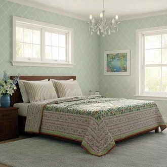 Jade Green Floral King Size Jaipuri Razai (Quilt) 108x108 Inches
