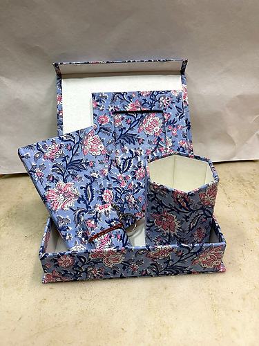 Blue Floral Block Print Gift Set with Slip Box, Pen Stand & Notepad