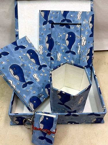 Blue Whale Block Print Gift Set (Slip Box, Photo Frame, Pen Stand & Notepad)