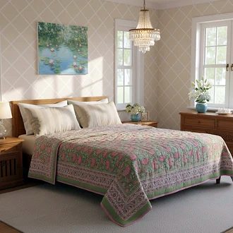 Pink Beige Floral Jaipuri Razai (Cotton Quilt)