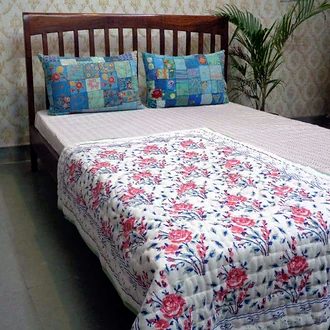Pink Blue Floral Jaipuri Razai (Cotton Quilt)