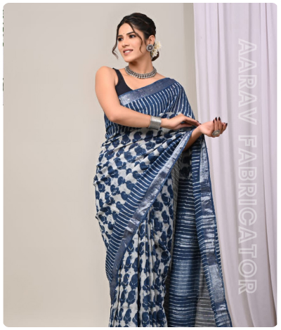 Linen Hand Block Printed Saree