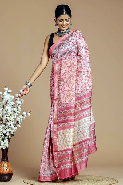 Pink Grey Border Maheshwari Hand Block Printed Saree