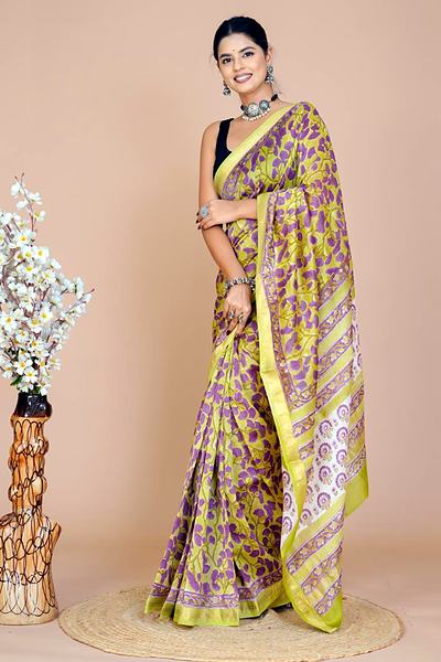 Yellow Purple Floral Maheshwari Hand Block Printed Saree