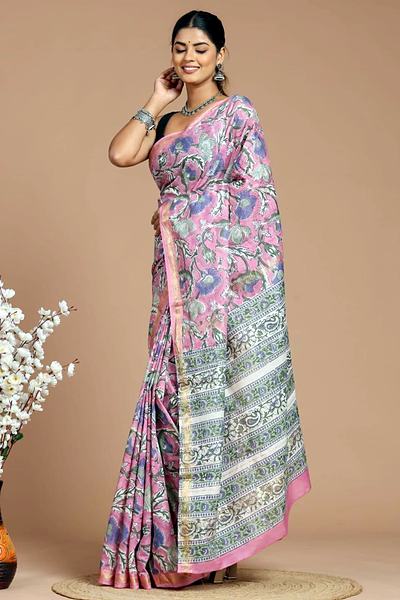 Pink Blue Grey Floral Maheshwari Hand Block Printed Saree