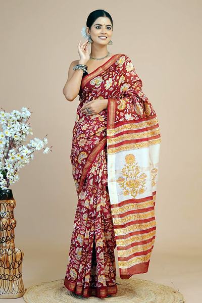 Maroon Red White Pallu Maheshwari Hand Block Printed Saree