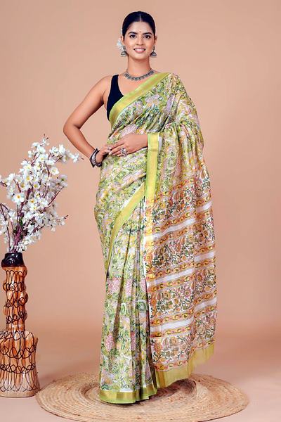 Lime Cream Floral Maheshwari Hand Block Printed Saree