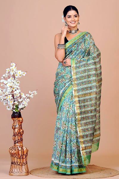 Teal Green Border Maheshwari Hand Block Printed Saree