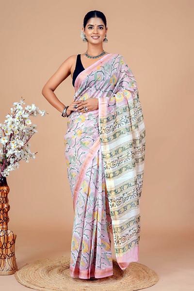 Lavender Pink Floral Maheshwari Hand Block Printed Saree