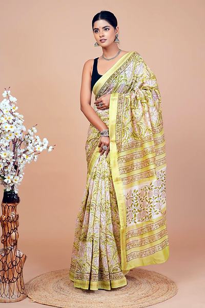 Pale Yellow Green Floral Maheshwari Hand Block Printed Saree