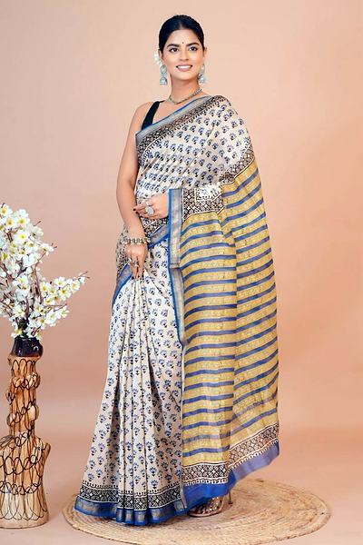 Cream Blue Yellow Stripe Maheshwari Hand Block Printed Saree