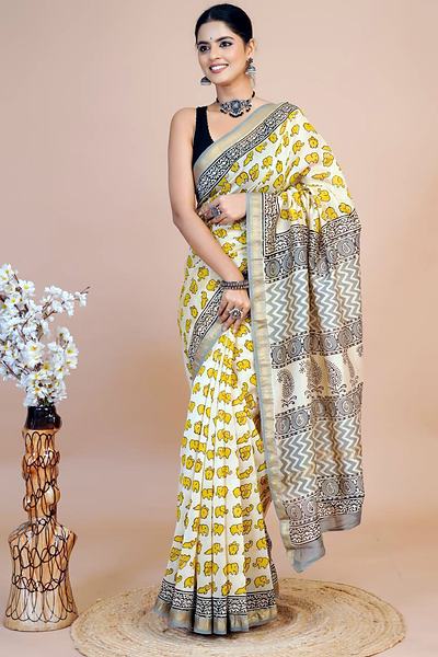 Mustard Cream Buti Maheshwari Hand Block Printed Saree
