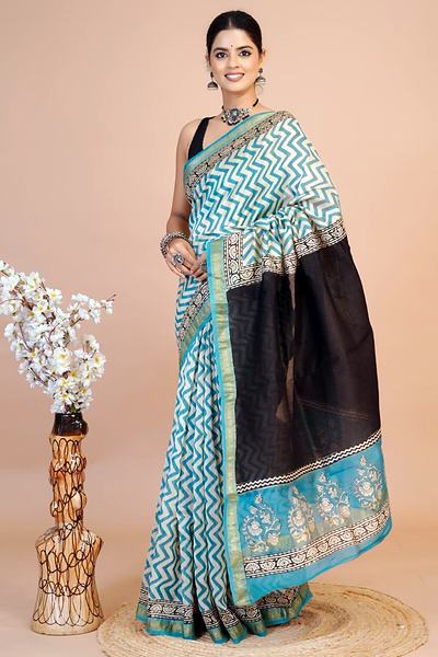 Aqua Teal Chevron Black Pallu Maheshwari Hand Block Printed Saree