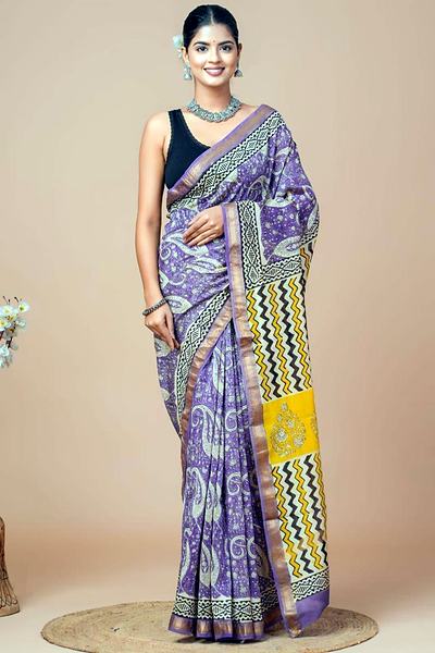 Purple Yellow Pallu Maheshwari Hand Block Printed Saree