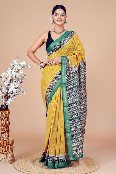 Mustard Green Border Maheshwari Hand Block Printed Saree