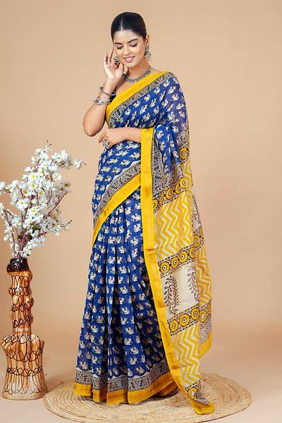 Navy Yellow Border Buti Maheshwari Hand Block Printed Saree