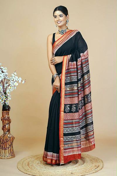 Black Red Border Maheshwari Hand Block Printed Saree