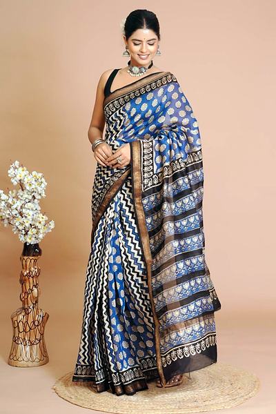 Blue Black Buti Border Maheshwari Hand Block Printed Saree