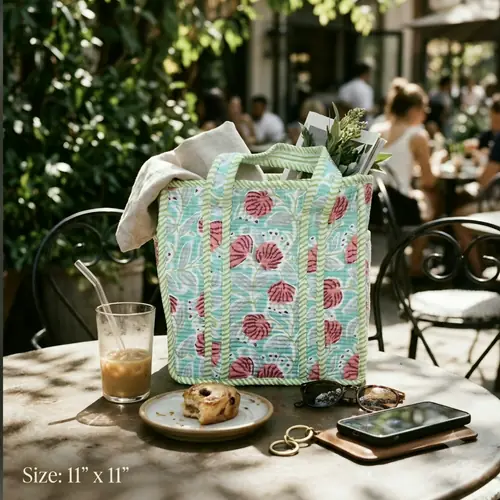 Mini Quilted Tote Bag - Aqua Red Floral