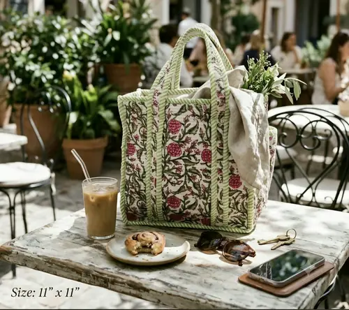 Mini Quilted Tote Bag - Green Red Floral