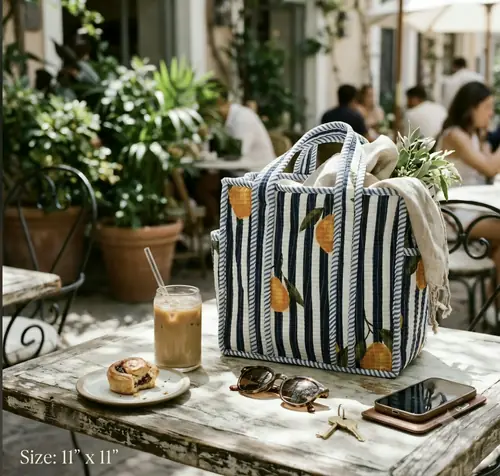 Mini Quilted Tote Bag - Navy Stripe Lemon