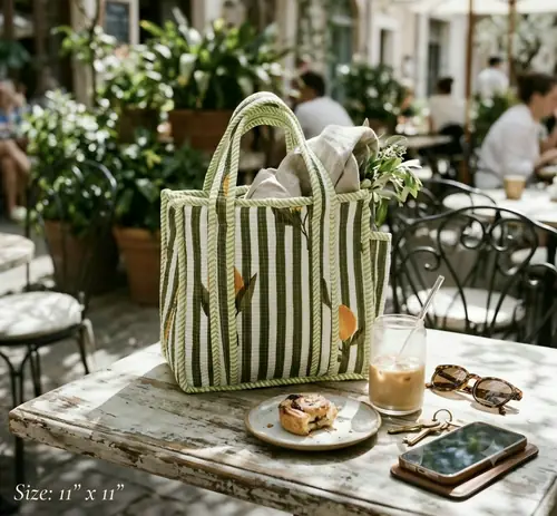 Mini Quilted Tote Bag - Olive Stripe