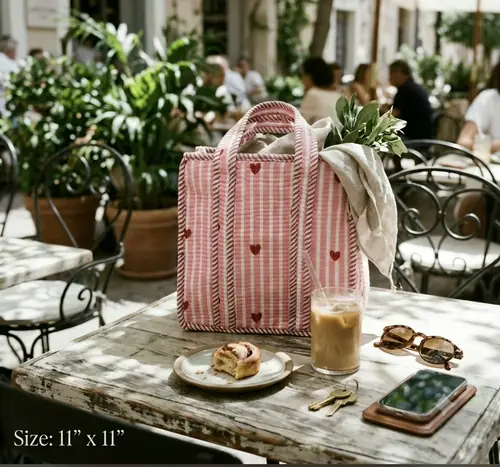 Mini Quilted Tote Bag - Pink Stripe Heart