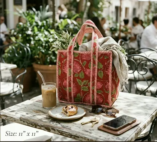 Mini Quilted Tote Bag - Red Green Floral