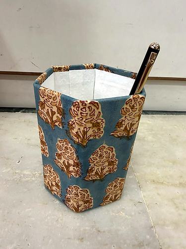 Blue Brown Floral Block Printed Pen Stand