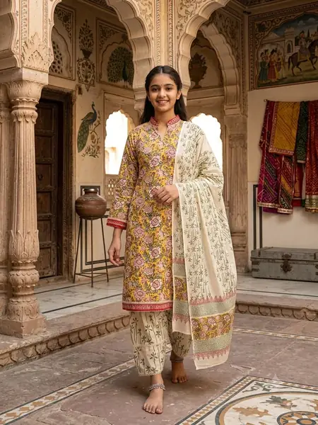 Mustard Floral Premium Hand Block Print Suit, 3 piece, design PS-01
