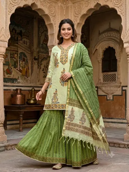 Mint green sharara premium hand block print suit