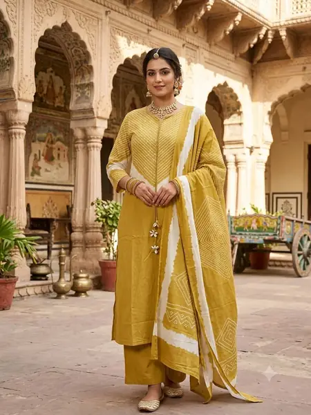 Mustard Yellow Border Premium Hand Block Print Suit, 3 piece, design PS-03