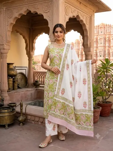 Lime Green Floral Premium Hand Block Print Suit, 3 piece, design PS-06