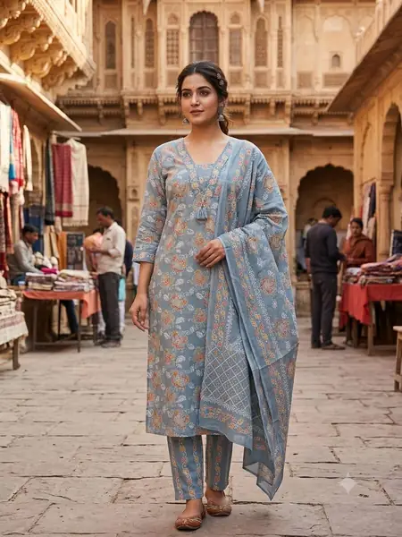 Powder Blue Floral Premium Hand Block Print Suit, 3 piece, design PS-07