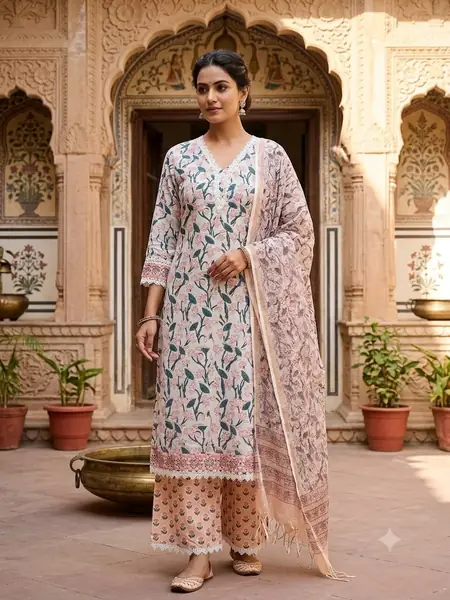 White Teal Leaf Premium Hand Block Print Suit, 3 piece, design PS-08