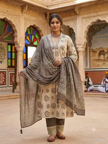 Beige Grey Motif Premium Hand Block Print Suit, 3 piece, design PS-09