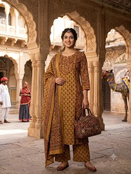 Rust Mustard Buti Premium Hand Block Print Suit, 3 piece, design PS-10