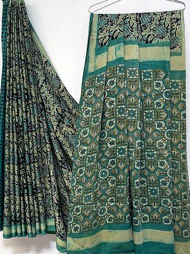 Teal Green Geometric Vanaspati Print Modal Silk Saree with Blouse