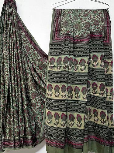 Olive Grey Floral Butta Vanaspati Print Modal Silk Saree with Blouse