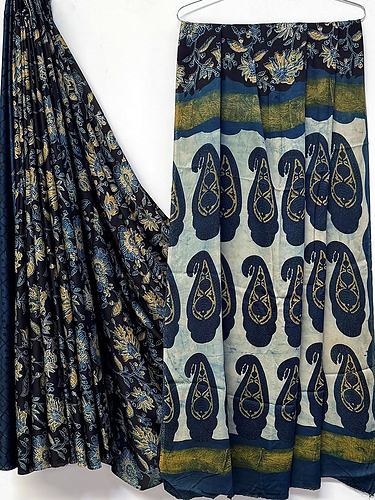 Indigo Blue Paisley Vanaspati Print Modal Silk Saree with Blouse