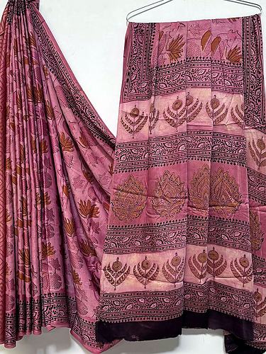 Rose Pink Lotus Vanaspati Print Modal Silk Saree with Blouse