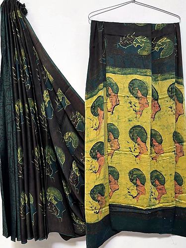 Black Mustard Yellow Motif Vanaspati Print Modal Silk Saree with Blouse