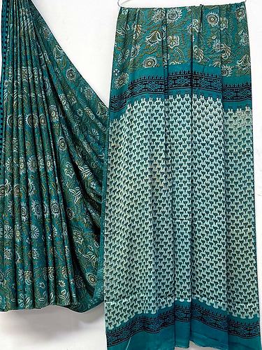Teal Green Butti Vanaspati Print Modal Silk Saree with Blouse