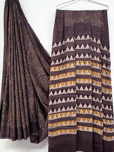 Brown Triangle Border Vanaspati Print Modal Silk Saree with Blouse
